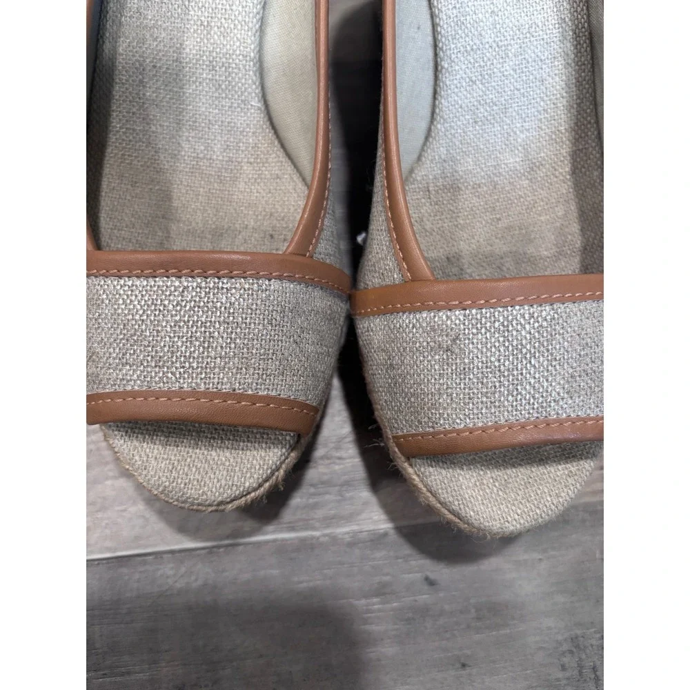 Tory Burch Beige Linen Logo Espadrille Wedge Sandal Coastal Preppy Old Money 6.5